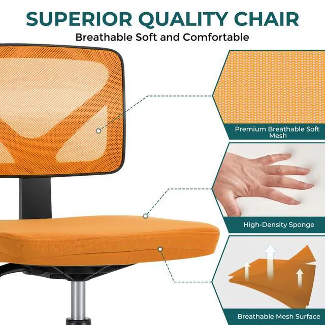 Alt view image 5 of 7 - Armless Desk Chairs, Small Home Office Mesh Chairs Ergonomic Adjustable Mid Back, Swivel Rolling Task, Computer Work Vanity Small Spaces, Orange