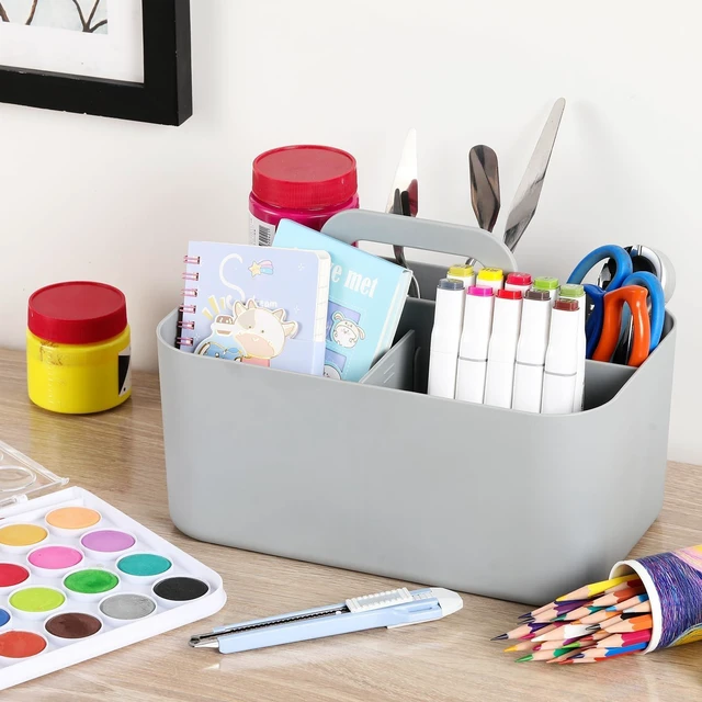 Alt view image 3 of 7 - Multiuse Caddy Organizer with Handle, Portable Divided Plastic Tote Bin - Art Craft, Stationary Pen Marker Crayons, Makeup Hair Supplies Storage - Bathroom, Classroom, Dorm, Office, Desk Holder - Grey
