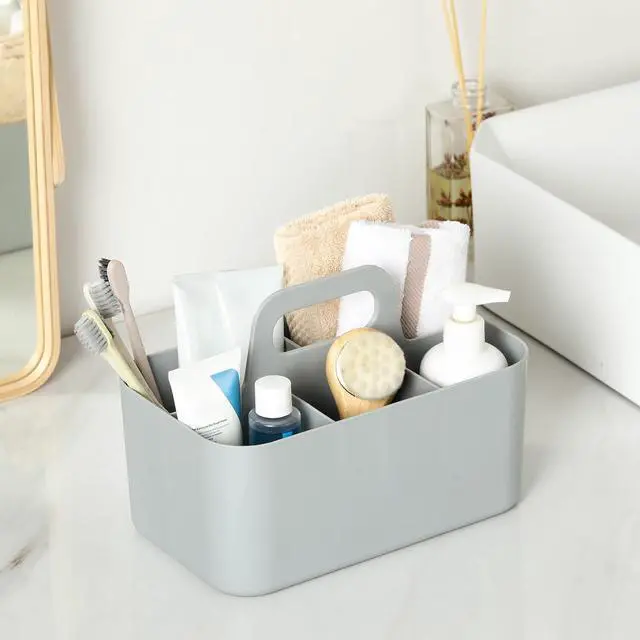Alt view image 4 of 7 - Multiuse Caddy Organizer with Handle, Portable Divided Plastic Tote Bin - Art Craft, Stationary Pen Marker Crayons, Makeup Hair Supplies Storage - Bathroom, Classroom, Dorm, Office, Desk Holder - Grey