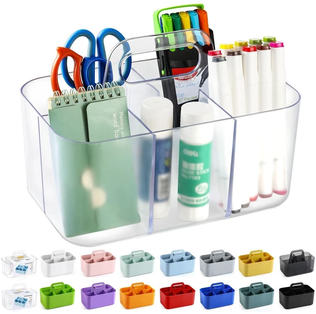 Main image of Multiuse Caddy Organizer with Handle, Portable Plastic Tote Bin - Art Craft, Stationary Pen Marker Crayons, Makeup Hair Supplies Storage - Bathroom, Classroom, Dorm, Office, Desk Holder -Frosted Clear