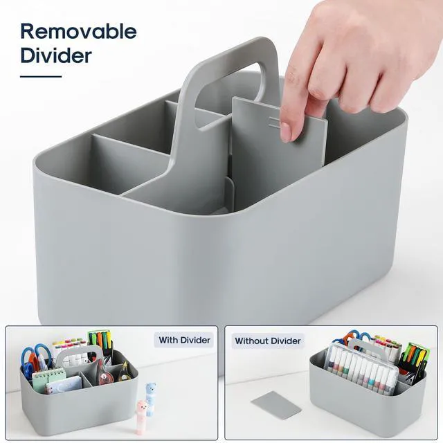 Alt view image 6 of 7 - Multiuse Caddy Organizer with Handle, Portable Divided Plastic Tote Bin - Art Craft, Stationary Pen Marker Crayons, Makeup Hair Supplies Storage - Bathroom, Classroom, Dorm, Office, Desk Holder - Grey