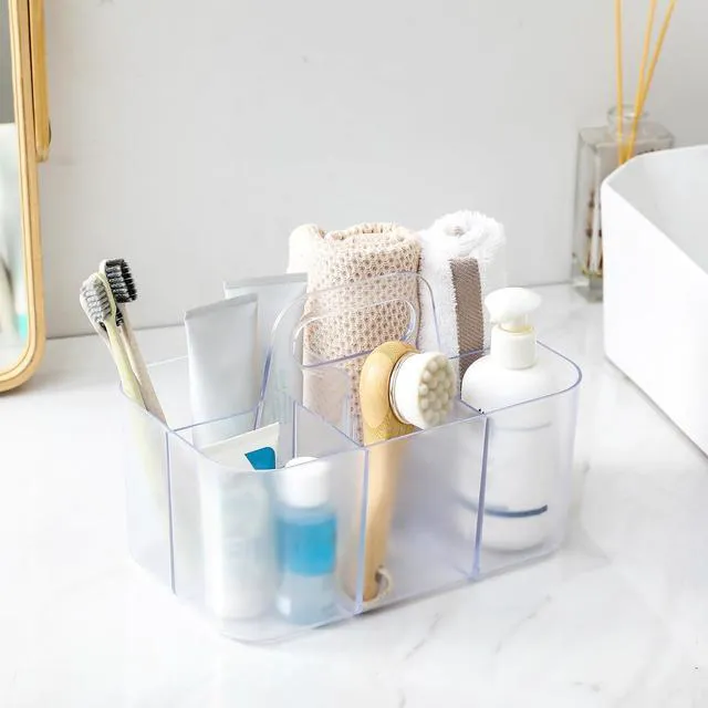 Alt view image 3 of 7 - Multiuse Caddy Organizer with Handle, Portable Plastic Tote Bin - Art Craft, Stationary Pen Marker Crayons, Makeup Hair Supplies Storage - Bathroom, Classroom, Dorm, Office, Desk Holder -Frosted Clear