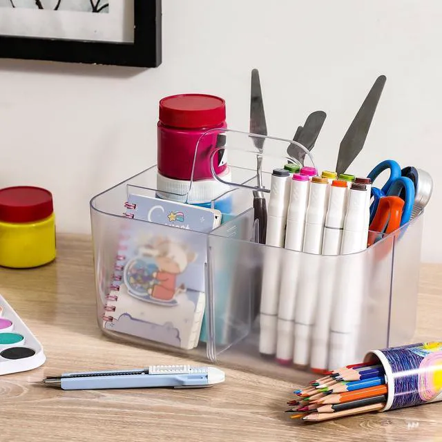 Alt view image 4 of 7 - Multiuse Caddy Organizer with Handle, Portable Plastic Tote Bin - Art Craft, Stationary Pen Marker Crayons, Makeup Hair Supplies Storage - Bathroom, Classroom, Dorm, Office, Desk Holder -Frosted Clear