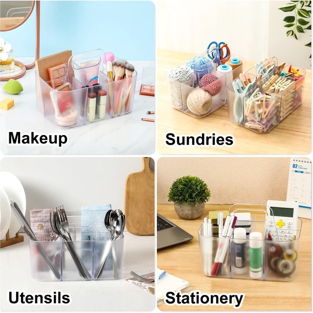 Alt view image 2 of 7 - Multiuse Caddy Organizer with Handle, Portable Plastic Tote Bin - Art Craft, Stationary Pen Marker Crayons, Makeup Hair Supplies Storage - Bathroom, Classroom, Dorm, Office, Desk Holder -Frosted Clear