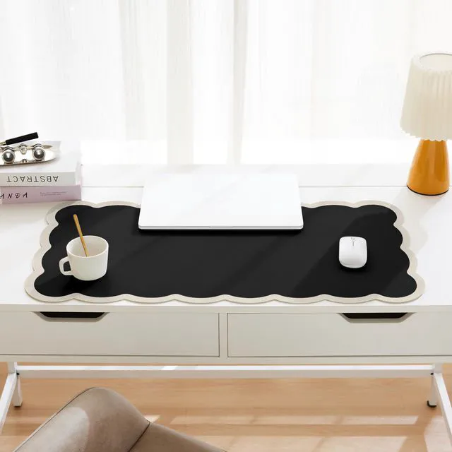 Alt view image 2 of 6 - Scalloped Desk Mat, 31.5" x 15.7" Black Beige Large Cute Aesthetic Desk Accessories, PU Leather Computer Laptop Desk Mouse Keyboard Pad, Desk Writing Mat for Vanity/Work/Home Decor