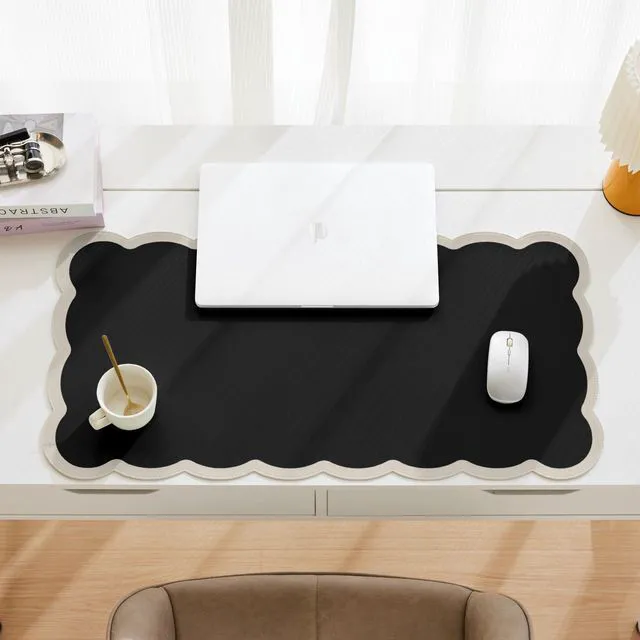 Alt view image 3 of 6 - Scalloped Desk Mat, 31.5" x 15.7" Black Beige Large Cute Aesthetic Desk Accessories, PU Leather Computer Laptop Desk Mouse Keyboard Pad, Desk Writing Mat for Vanity/Work/Home Decor