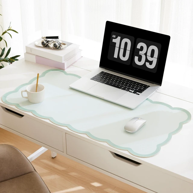 Main image of Scalloped Desk Mat, 31.5" x 15.7" Large Cute Aesthetic Desk Accessories, PU Leather Computer Laptop Desk Mouse Keyboard Pad, Desk Writing Mat for Vanity/Work/Home Decor (Sage, 31.5" x 15.7")