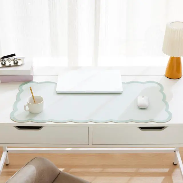 Alt view image 2 of 6 - Scalloped Desk Mat, 31.5" x 15.7" Large Cute Aesthetic Desk Accessories, PU Leather Computer Laptop Desk Mouse Keyboard Pad, Desk Writing Mat for Vanity/Work/Home Decor (Sage, 31.5" x 15.7")