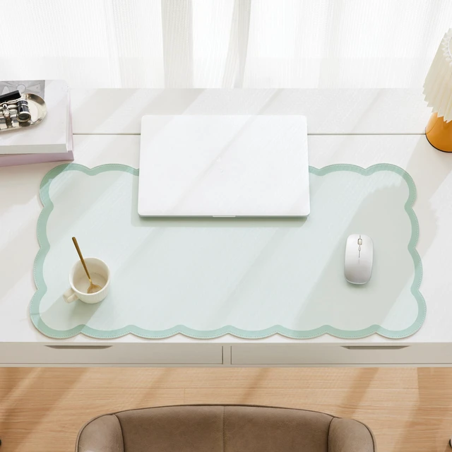 Alt view image 3 of 6 - Scalloped Desk Mat, 31.5" x 15.7" Large Cute Aesthetic Desk Accessories, PU Leather Computer Laptop Desk Mouse Keyboard Pad, Desk Writing Mat for Vanity/Work/Home Decor (Sage, 31.5" x 15.7")