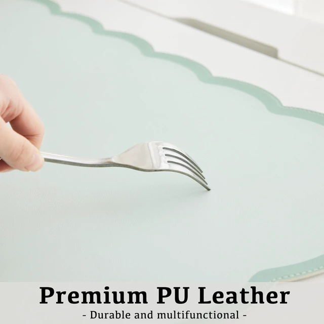 Alt view image 4 of 6 - Scalloped Desk Mat, 31.5" x 15.7" Large Cute Aesthetic Desk Accessories, PU Leather Computer Laptop Desk Mouse Keyboard Pad, Desk Writing Mat for Vanity/Work/Home Decor (Sage, 31.5" x 15.7")