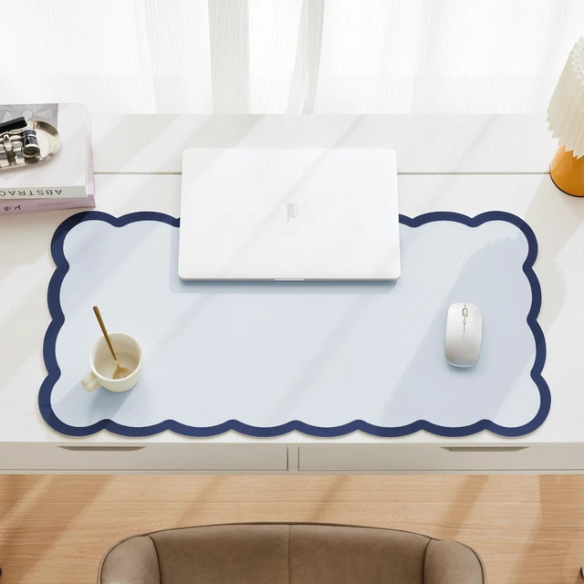 Alt view image 3 of 6 - Scalloped Desk Mat, 31.5" x 15.7" Navy Blue Large Cute Aesthetic Desk Accessories, PU Leather Computer Laptop Desk Mouse Keyboard Pad, Desk Writing Mat for Vanity/Work/Home Decor Ocean