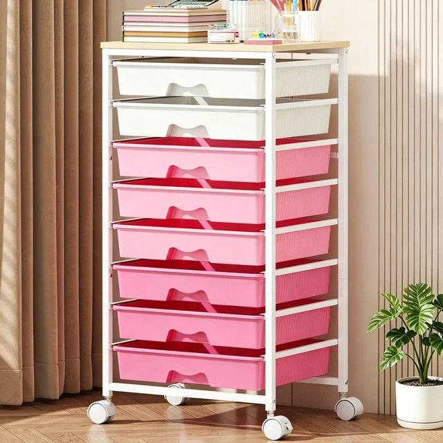 Main image of Rolling Cart with 8 Drawers for Art, Dorm, Office, Craft, Pink Utility Cart Organizer With 8 Removable Drawers and Wooden Tabletop, Lockable Rolling Storage Organizer for Classroom, Home