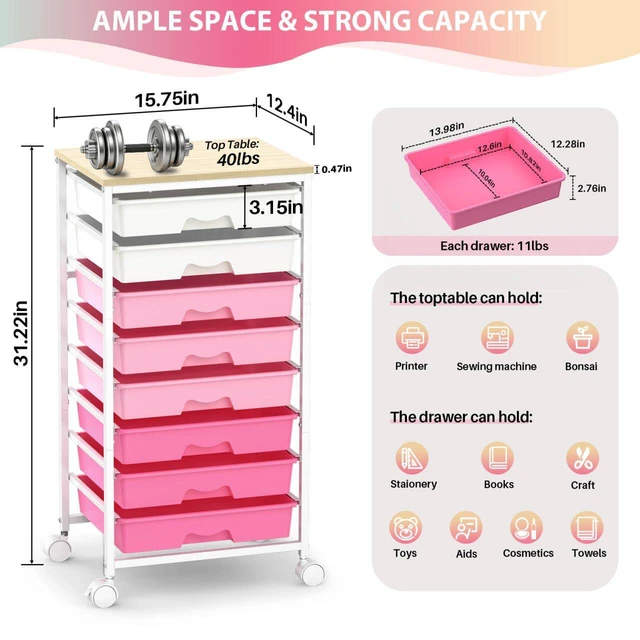 Alt view image 2 of 7 - Rolling Cart with 8 Drawers for Art, Dorm, Office, Craft, Pink Utility Cart Organizer With 8 Removable Drawers and Wooden Tabletop, Lockable Rolling Storage Organizer for Classroom, Home