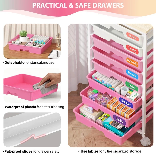 Alt view image 3 of 7 - Rolling Cart with 8 Drawers for Art, Dorm, Office, Craft, Pink Utility Cart Organizer With 8 Removable Drawers and Wooden Tabletop, Lockable Rolling Storage Organizer for Classroom, Home