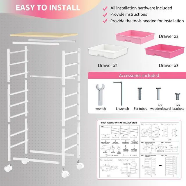 Alt view image 6 of 7 - Rolling Cart with 8 Drawers for Art, Dorm, Office, Craft, Pink Utility Cart Organizer With 8 Removable Drawers and Wooden Tabletop, Lockable Rolling Storage Organizer for Classroom, Home