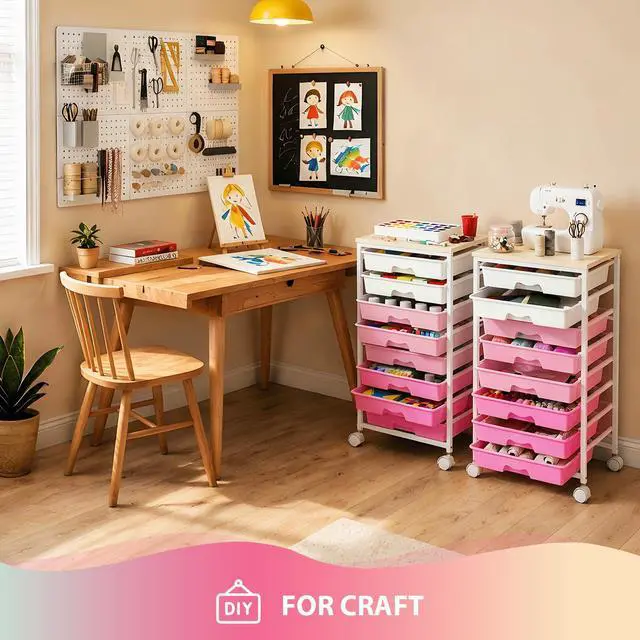 Alt view image 7 of 7 - Rolling Cart with 8 Drawers for Art, Dorm, Office, Craft, Pink Utility Cart Organizer With 8 Removable Drawers and Wooden Tabletop, Lockable Rolling Storage Organizer for Classroom, Home