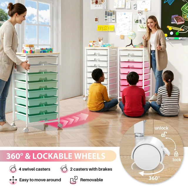 Alt view image 5 of 7 - Rolling Cart with 8 Drawers for Art, Dorm, Office, Craft, Pink Utility Cart Organizer With 8 Removable Drawers and Wooden Tabletop, Lockable Rolling Storage Organizer for Classroom, Home
