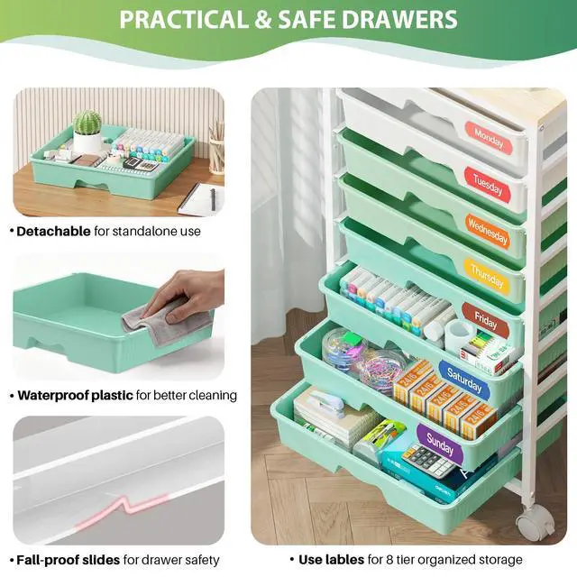 Alt view image 3 of 7 - Rolling Cart with 8 Drawers for Art, Dorm, Office, Craft, Green Utility Cart Organizer With 8 Removable Drawers and Wooden Tabletop, Lockable Rolling Storage Organizer for Classroom, Home