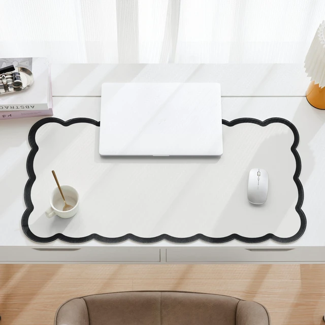 Alt view image 3 of 6 - Scalloped Desk Mat, 31.5" x 15.7" Large Cute Aesthetic Desk Accessories, PU Leather Computer Laptop Desk Mouse Keyboard Pad, Desk Writing Mat for Vanity/Work/Home Decor (Black, 31.5" x 15.7")