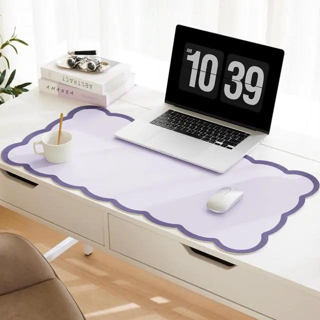 Main image of Scalloped Desk Mat, 31.5" x 15.7" Large Cute Aesthetic Desk Accessories, PU Leather Computer Laptop Desk Mouse Keyboard Pad, Desk Writing Mat for Vanity/Work/Home Decor Purple