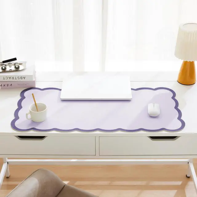 Alt view image 2 of 6 - Scalloped Desk Mat, 31.5" x 15.7" Large Cute Aesthetic Desk Accessories, PU Leather Computer Laptop Desk Mouse Keyboard Pad, Desk Writing Mat for Vanity/Work/Home Decor Purple