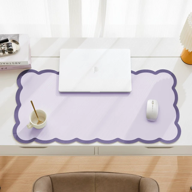 Alt view image 3 of 6 - Scalloped Desk Mat, 31.5" x 15.7" Large Cute Aesthetic Desk Accessories, PU Leather Computer Laptop Desk Mouse Keyboard Pad, Desk Writing Mat for Vanity/Work/Home Decor Purple
