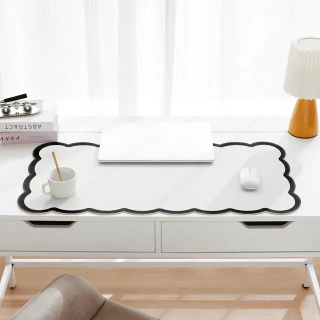 Alt view image 2 of 6 - Scalloped Desk Mat, 31.5" x 15.7" Large Cute Aesthetic Desk Accessories, PU Leather Computer Laptop Desk Mouse Keyboard Pad, Desk Writing Mat for Vanity/Work/Home Decor (Black, 31.5" x 15.7")