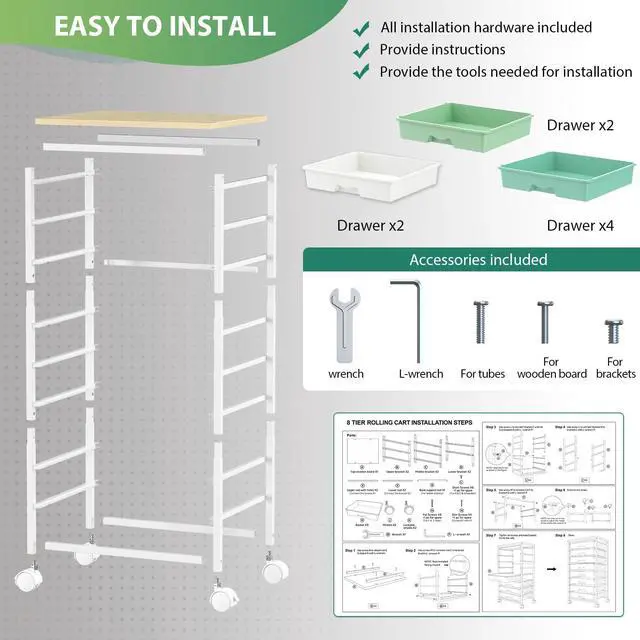 Alt view image 6 of 7 - Rolling Cart with 8 Drawers for Art, Dorm, Office, Craft, Green Utility Cart Organizer With 8 Removable Drawers and Wooden Tabletop, Lockable Rolling Storage Organizer for Classroom, Home