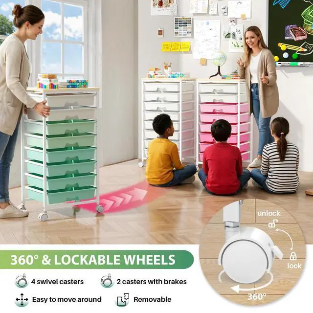 Alt view image 5 of 7 - Rolling Cart with 8 Drawers for Art, Dorm, Office, Craft, Green Utility Cart Organizer With 8 Removable Drawers and Wooden Tabletop, Lockable Rolling Storage Organizer for Classroom, Home