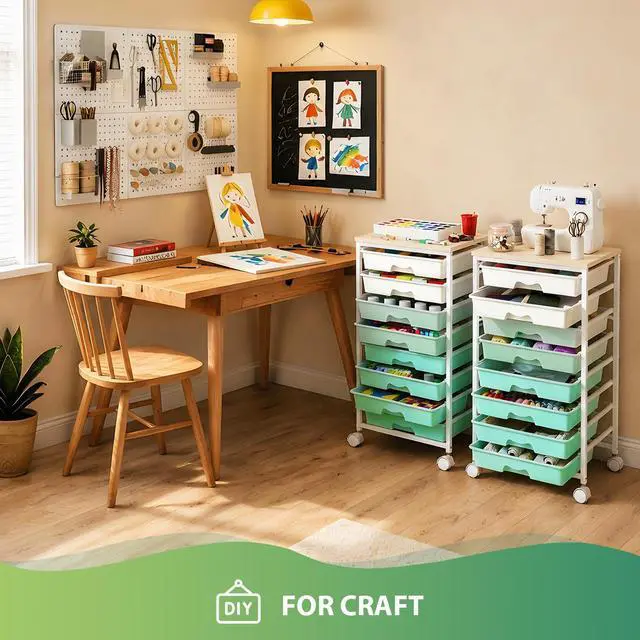 Alt view image 7 of 7 - Rolling Cart with 8 Drawers for Art, Dorm, Office, Craft, Green Utility Cart Organizer With 8 Removable Drawers and Wooden Tabletop, Lockable Rolling Storage Organizer for Classroom, Home