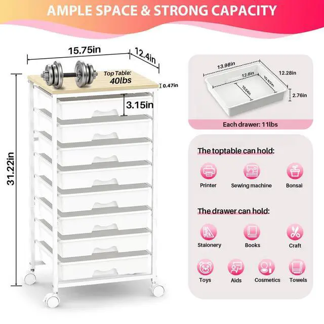 Alt view image 2 of 7 - Rolling Cart with 8 Drawers for Art, Dorm, Office, Craft, White Utility Cart Organizer With 8 Removable Drawers and Wooden Tabletop, Lockable Rolling Storage Organizer for Classroom, Home