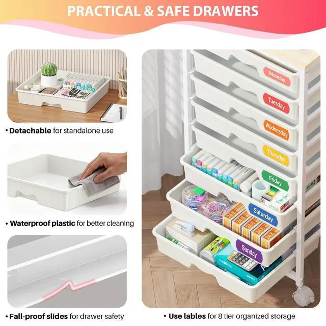 Alt view image 3 of 7 - Rolling Cart with 8 Drawers for Art, Dorm, Office, Craft, White Utility Cart Organizer With 8 Removable Drawers and Wooden Tabletop, Lockable Rolling Storage Organizer for Classroom, Home