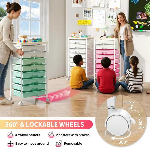 Alt view image 5 of 7 - Rolling Cart with 8 Drawers for Art, Dorm, Office, Craft, White Utility Cart Organizer With 8 Removable Drawers and Wooden Tabletop, Lockable Rolling Storage Organizer for Classroom, Home