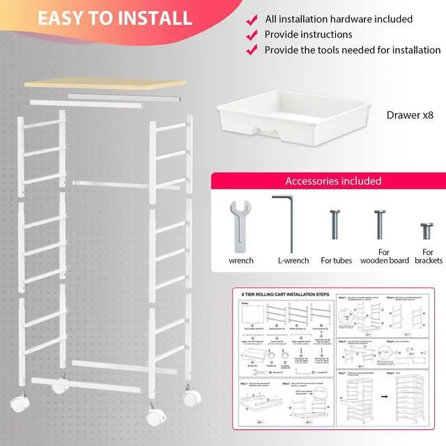 Alt view image 6 of 7 - Rolling Cart with 8 Drawers for Art, Dorm, Office, Craft, White Utility Cart Organizer With 8 Removable Drawers and Wooden Tabletop, Lockable Rolling Storage Organizer for Classroom, Home