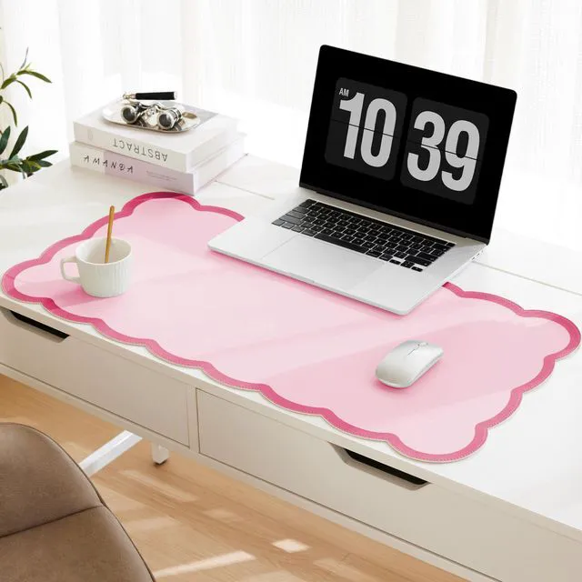 Main image of Scalloped Desk Mat, 31.5" x 15.7" Hot Double Pink Large Cute Aesthetic Desk Accessories, PU Leather Computer Laptop Desk Mouse Keyboard Pad, Desk Writing Mat for Vanity/Work/Home Decor Coral