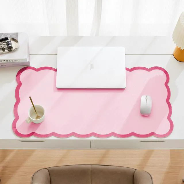 Alt view image 3 of 6 - Scalloped Desk Mat, 31.5" x 15.7" Hot Double Pink Large Cute Aesthetic Desk Accessories, PU Leather Computer Laptop Desk Mouse Keyboard Pad, Desk Writing Mat for Vanity/Work/Home Decor Coral