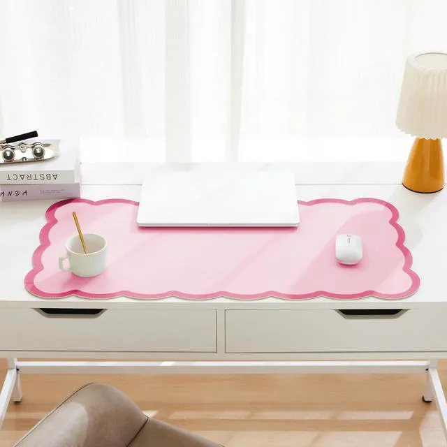 Alt view image 2 of 6 - Scalloped Desk Mat, 31.5" x 15.7" Hot Double Pink Large Cute Aesthetic Desk Accessories, PU Leather Computer Laptop Desk Mouse Keyboard Pad, Desk Writing Mat for Vanity/Work/Home Decor Coral