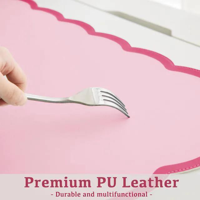 Alt view image 5 of 6 - Scalloped Desk Mat, 31.5" x 15.7" Hot Double Pink Large Cute Aesthetic Desk Accessories, PU Leather Computer Laptop Desk Mouse Keyboard Pad, Desk Writing Mat for Vanity/Work/Home Decor Coral