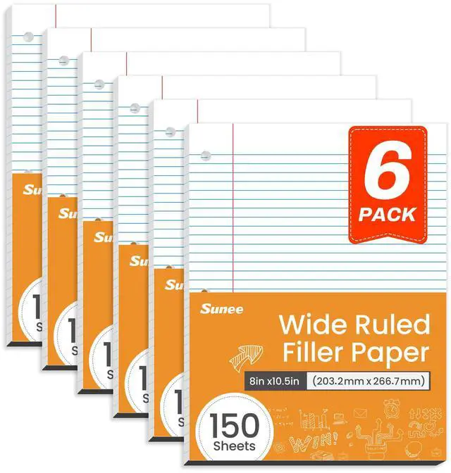 Main image of Loose Leaf Paper, 900 Sheets, 6 Pack Wide Ruled Paper, 8 x 10-1/2 Inch Filler Paper, 3 Hole Punch Binder Paper, Loose Leaf Notebook Paper, 150 Sheets/Pack