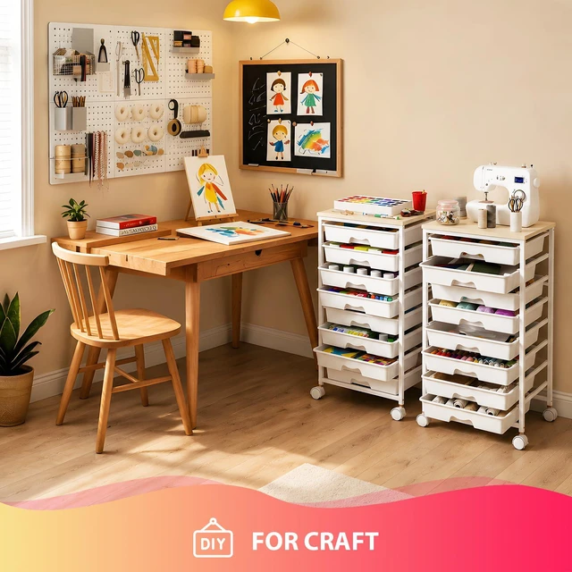 Alt view image 7 of 7 - Rolling Cart with 8 Drawers for Art, Dorm, Office, Craft, White Utility Cart Organizer With 8 Removable Drawers and Wooden Tabletop, Lockable Rolling Storage Organizer for Classroom, Home