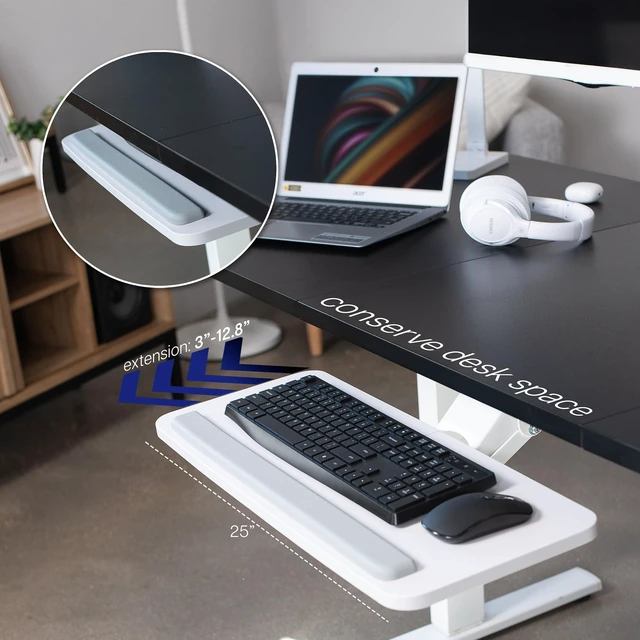 Alt view image 2 of 7 - White Under Desk 25 x 10 in Keyboard Tray, MOUNT-KB03W Adjustable Computer Keyboard and Mouse Platform, Ergonomic Under Table Desk Mount Drawer, Full Swivel