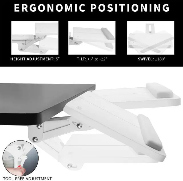 Alt view image 3 of 7 - White Under Desk 25 x 10 in Keyboard Tray, MOUNT-KB03W Adjustable Computer Keyboard and Mouse Platform, Ergonomic Under Table Desk Mount Drawer, Full Swivel