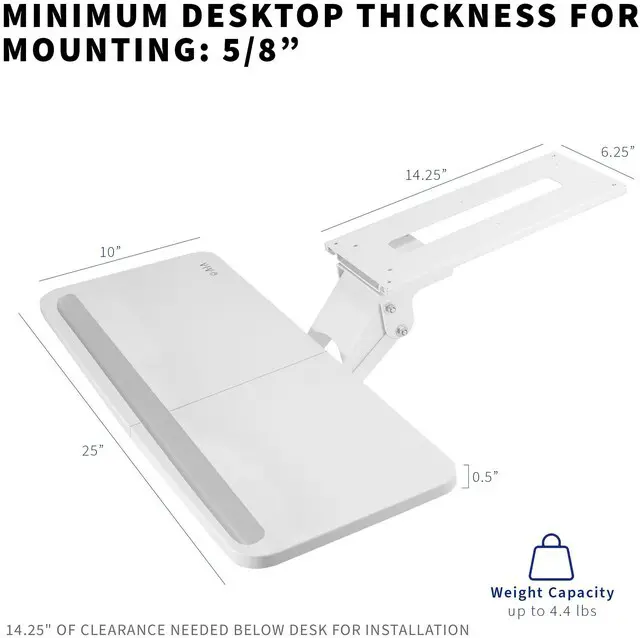 Alt view image 5 of 7 - White Under Desk 25 x 10 in Keyboard Tray, MOUNT-KB03W Adjustable Computer Keyboard and Mouse Platform, Ergonomic Under Table Desk Mount Drawer, Full Swivel