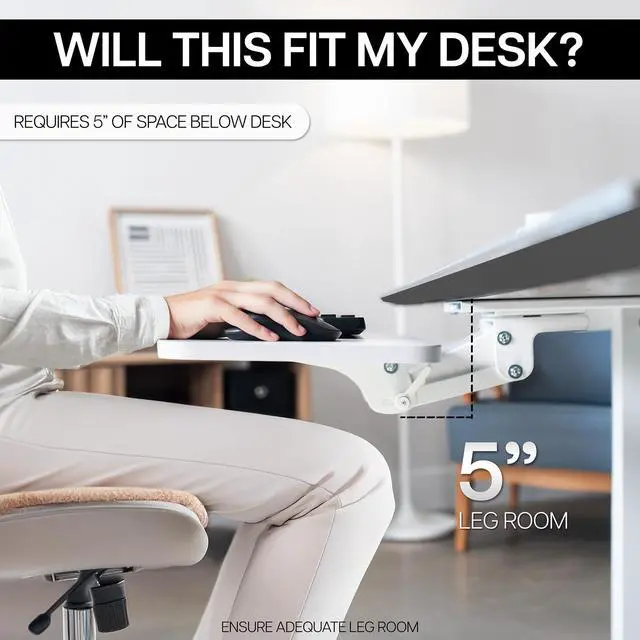 Alt view image 6 of 7 - White Under Desk 25 x 10 in Keyboard Tray, MOUNT-KB03W Adjustable Computer Keyboard and Mouse Platform, Ergonomic Under Table Desk Mount Drawer, Full Swivel