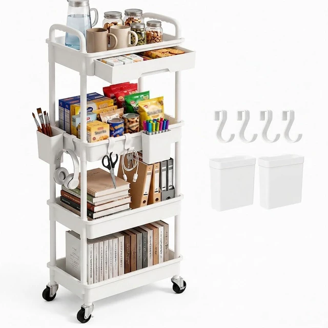 Main image of 4 Tier Rolling Utility Cart with Drawer, Plastic Storage Organizer Rolling Carts with Wheels Handles Hanging Cups Hooks for Office, Bathroom, Kitchen,Craft Art Room (White)