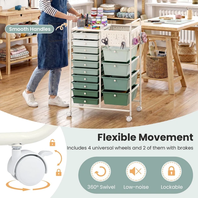Alt view image 7 of 7 - 14 Drawer Storage Cart, Rolling Craft Cart with Metal Tabletop & Pegboard, Mobile Utility Organizer Trolley with Locking Wheels, Home Office, Green Gradient