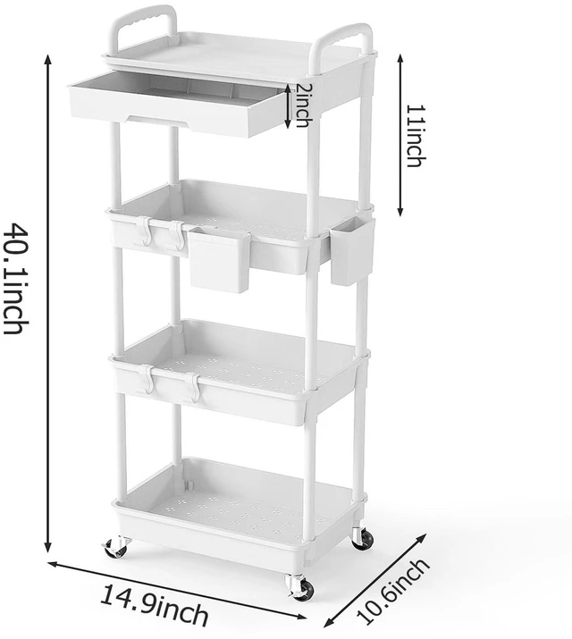 Alt view image 2 of 7 - 4 Tier Rolling Utility Cart with Drawer, Plastic Storage Organizer Rolling Carts with Wheels Handles Hanging Cups Hooks for Office, Bathroom, Kitchen,Craft Art Room (White)