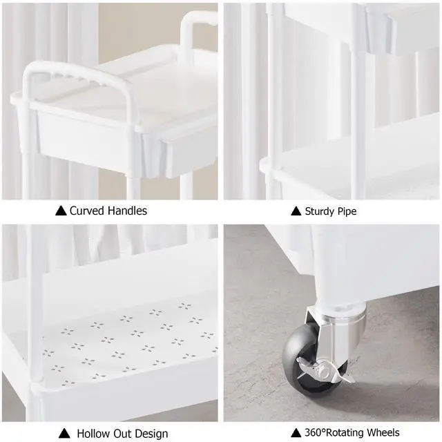 Alt view image 5 of 7 - 3 Tier Rolling Utility Cart with Drawer, Plastic Storage Organizer Rolling Carts with Wheels Handles Hanging Cups Hooks for Office, Bathroom, Kitchen,Craft Art Room (White)