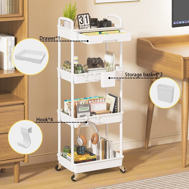 Alt view image 3 of 7 - 4 Tier Rolling Utility Cart with Drawer, Plastic Storage Organizer Rolling Carts with Wheels Handles Hanging Cups Hooks for Office, Bathroom, Kitchen,Craft Art Room (White)