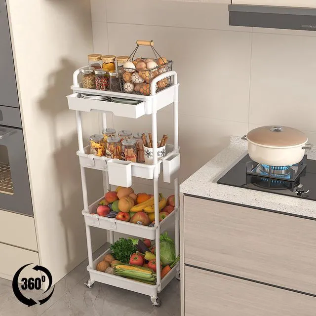 Alt view image 4 of 7 - 4 Tier Rolling Utility Cart with Drawer, Plastic Storage Organizer Rolling Carts with Wheels Handles Hanging Cups Hooks for Office, Bathroom, Kitchen,Craft Art Room (White)